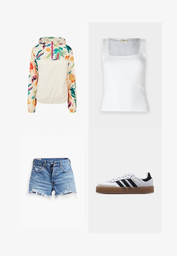Lichtgewicht anorakjack met een crèmekleurig lijf en levendige bloemmotieven in groen, roze en geel. Heeft een voorzak en verstelbare capuchon.; Witte tanktop met vierkante halslijn, gemaakt van zachte stof. Beschikt over brede bandjes en een aansluitende pasvorm. Geen zichtbare patronen of versieringen.; Lichtblauwe denim shorts met rafelige zoom, een hoge taille, knoopsluiting en twee zijzakken; versleten details voegen textuur toe.; Witte leren sneakers met zwarte strepen, gumrubberen buitenzool, ronde neus, vetersluiting en een zachte grijze suède neuskap.