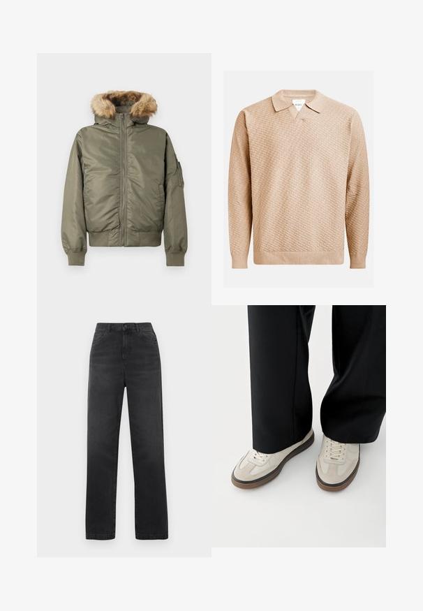 Olivgrüne Bomberjacke mit einer Kapuze aus Kunstfell, Frontreißverschluss, gerippten Bündchen und Taschenverzierung am linken Ärmel.; Beige gestrickter Pullover mit einem strukturierten Muster, ausgestattet mit einem klassischen Kragen und gerippten Bündchen. Hergestellt aus weichem, leichtem Material.; Hoch sitzende schwarze Jeans aus Baumwoll-Denim mit geradem Bein, ausgestattet mit Fronttaschen und einem einzelnen Knopfverschluss. Glatte Textur.; Füße mit beigen Sneakers mit braunen Sohlen und schwarzen Hosen mit weitem Bein auf weißem Hintergrund.
