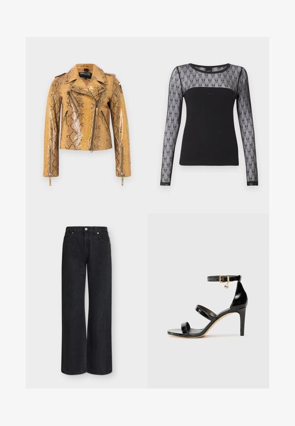 Veste de motard à motif serpent jaune avec fermeture éclair asymétrique à l'avant, poches zippées, épaulettes et poignets zippés sur les manches longues.; Haut noir à manches longues avec un haut de poitrine et des manches en mesh transparent présentant un motif floral en dentelle répétée.; Jean noir à jambes larges et taille haute, passants de ceinture, bouton devant, braguette zippée et style cinq poches, présenté sur un fond uni.; Sandale en cuir verni noir avec trois brides, boucle de cheville et talon aiguille de 10 cm. Présente un détail en métal doré et un charm logo.