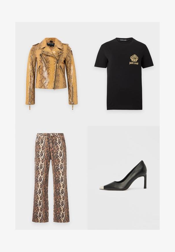 Veste de motard à motif serpent jaune avec fermeture éclair asymétrique à l'avant, poches zippées, épaulettes et poignets zippés sur les manches longues.; T-shirt noir à manches courtes avec logo Just Cavalli doré et dessin de blason orné sur le côté gauche de la poitrine.; Jean slim à imprimé léopard, avec des couleurs marron, noir et beige. Design classique à cinq poches et détails en métal.; Chaussure à talon haut en cuir noir avec bout pointu et capuchon argenté métallique. Présente une finition lisse et un talon fin de 10 cm.