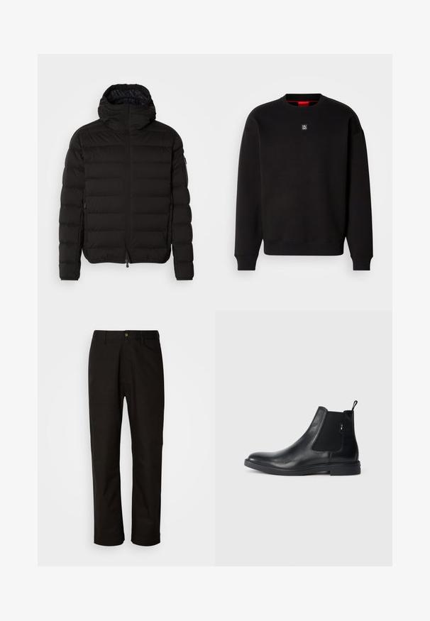 Chaqueta acolchada negra con un cuello alto, cierre de cremallera y bolsillos laterales. Presenta un patrón acolchado y una textura suave y mate.; Sudadera negra de tejido suave con cuello redondo, puños acanalados y un pequeño logotipo cuadrado en el pecho. Presenta un interior del cuello en rojo.; Pantalones de algodón negros con corte recto, presillas para el cinturón, cremallera frontal y un solo botón de cierre. Textura suave sin patrones visibles.; Botines Chelsea de cuero negro con paneles elásticos laterales, una pestaña para tirar y una suela de goma plana. Textura suave con un detalle mínimo.