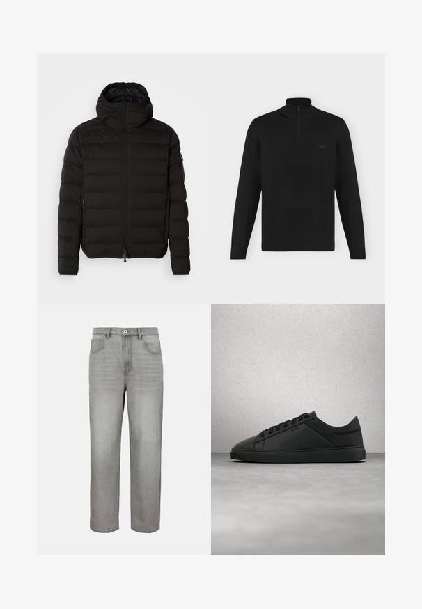 Veste matelassée noire avec col haut, fermeture éclair et poches latérales. Présente un motif matelassé et une texture lisse et mate.; Pull noir à manches longues avec col montant et demi-zip, poignets et ourlet côtelés, avec petit logo "BOSS" sur la poitrine gauche.; Jean droit gris clair avec bouton à l'avant, fermeture éclair, passants pour ceinture, et poches avant et arrière sur un fond uni.; Baskets basses en cuir noir avec lacets et logo "BOSS" flottant au-dessus d'un sol en béton lisse près de blocs de verre.