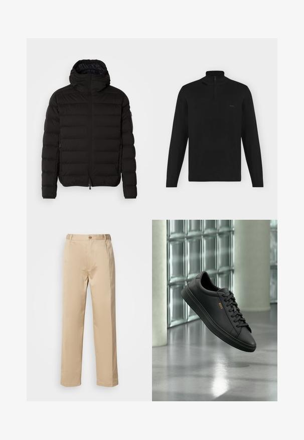 Chaqueta acolchada negra con un cuello alto, cierre de cremallera y bolsillos laterales. Presenta un patrón acolchado y una textura suave y mate.; Jersey negro de manga larga con cuello alto y cremallera a medio cerrar, puños y dobladillo acanalados, con pequeño logo "BOSS" en el pecho izquierdo.; Pantalones beige hechos de una tela ligera, con un diseño de pierna recta, cinturilla con trabillas y un solo botón en la parte frontal.; Zapatilla baja de piel negra con cordones negros y logo dorado BOSS en el lateral, flotando sobre un suelo gris brillante en un espacio interior moderno.