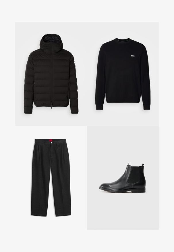 Sort pufferjakke med høj krave, lynlåslukning og sidelommer. Har et quiltet mønster og en glat, mat tekstur.; Sort langærmet crewneck trøje med lille hvid "BOSS" logo på venstre bryst, ribbede manchetter og bund, præsenteret mod en hvid baggrund.; Sorte bukser med høj talje med forreste læg, bæltestropper, knap og lynlås lukning samt en rød label indeni linningen.; Sorte læder Chelsea støvler med elastiske sidepaneler, rund tå, trækstrop og en lav blokhæl. Glat tekstur og minimalistisk design.