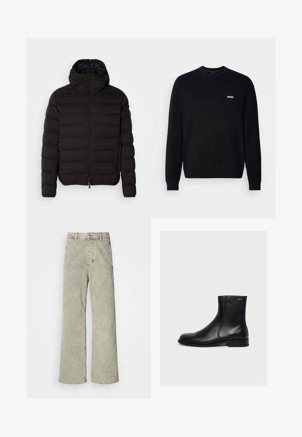 Must puffer-jakk musta, millel on kõrge krae, lukuga kinnitamine ja küljetaskud. Omab tikitud mustrit ja sujuvat, mati tekstuuri.; Mustmustük pikkade varrukatega crewneck-sweater, mille vasakul rinnal on väike valge "BOSS" logo, ribitud varrukate ja allääriga, esitatud valge tausta ees.; Heled roheline laiade jalgadega teksapüksid kõrge vöökohaga, valmistatud denimist, millel on nööbiga sulgus ja klassikaline viie-tasku disain.; Mustast siledast nahast pahkluu saabas madala kontsaga ja külgse tõmblukuga, peal Hugo silt lähedal ülaäärele.
