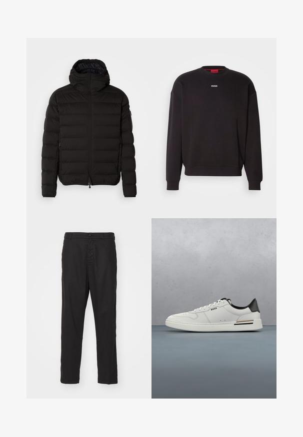 Sort pufferjakke med høj krave, lynlåslukning og sidelommer. Har et quiltet mønster og en glat, mat tekstur.; Sort sweatshirt lavet af en blanding af bomuld, med rund hals, dropped skuldre og et lille hvidt "HUGO" logo på brystet.; Sorte bomuldschinos med lige ben-design, knaplukning og sidelommer. Glat tekstur og ingen synlige mønstre eller accenter.; Hvide lavtoppede sneakers med sort hæl, snørebånds lukning, subtile perforeringer og "BOSS" logo på siden, vist fra ydersiden i profil.