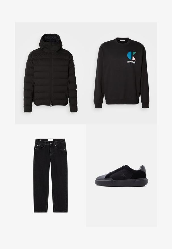 Zwarte pufferjack met hoge kraag, ritsluiting en zijzakken. Beschikt over een gewatteerd patroon en een gladde, matte textuur.; Zwarte sweatshirt met ronde hals en lange mouwen, voorzien van een kleurrijk CK-logo in blauw, groen en roze op de voorkant. Gladde textuur.; Zwarte denim jeans met een rechte pasvorm, een licht verwassen textuur, vijf zakken en zilveren hardware details. Label op de tailleband.; Zwarte lage sneaker met dikke zool, veters aan de voorkant en een subtiel "cK"-logo op het zijpaneel.