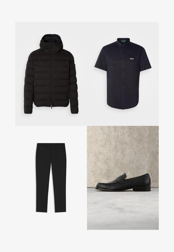 Veste matelassée noire avec col haut, fermeture éclair et poches latérales. Présente un motif matelassé et une texture lisse et mate.; Chemise noire à manches courtes avec boutons, en coton, dotée d'un col classique, d'une coupe régulière, et d'un logo "BOSS" blanc brodé sur la poitrine.; Pantalons noirs sur mesure avec une coupe droite, dotés de deux poches latérales et de plis sur le devant pour plus de structure, fabriqués en tissu lisse.; Mocassin en cuir noir flottant au-dessus d'un tapis beige avec une table ronde brune brillante en arrière-plan.