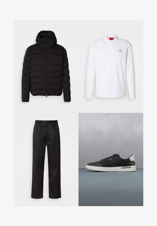 Chaqueta acolchada negra con un cuello alto, cierre de cremallera y bolsillos laterales. Presenta un patrón acolchado y una textura suave y mate.; Camisa polo blanca de manga larga hecha de algodón con cuello, tapeta de tres botones y el logo negro "HUGO" en el lado izquierdo del pecho.; Pantalones negros de tela suave, con cierre delantero de botón, pliegues y patas rectas. Sin patrones ni acentos visibles.; Zapatilla de cuero negra con suela blanca, cuenta con perforaciones, diseño de cordones, logo en el costado y detalle del talón en blanco y marrón.