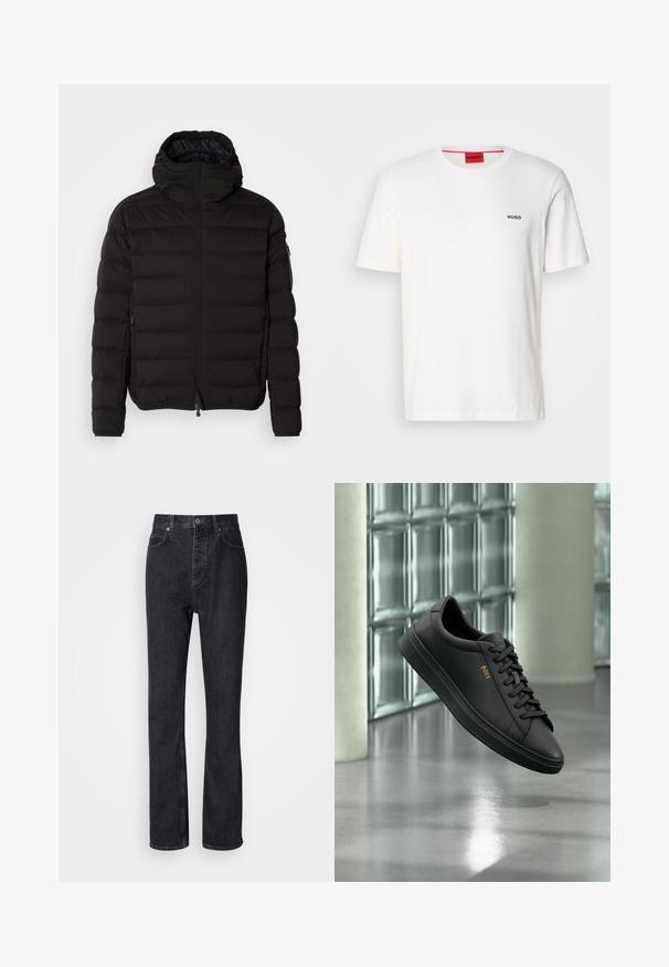 Chaqueta acolchada negra con un cuello alto, cierre de cremallera y bolsillos laterales. Presenta un patrón acolchado y una textura suave y mate.; Camiseta de algodón blanca de cuello redondo y mangas cortas, con un pequeño logo negro "HUGO" en el lado izquierdo del pecho y una etiqueta roja de contraste en el interior.; Jeans de mezclilla negros de cintura alta con cierre de botón y cremallera, bolsillos frontales y traseros, y corte recto.; Zapatilla baja de piel negra con cordones negros y logo dorado BOSS en el lateral, flotando sobre un suelo gris brillante en un espacio interior moderno.