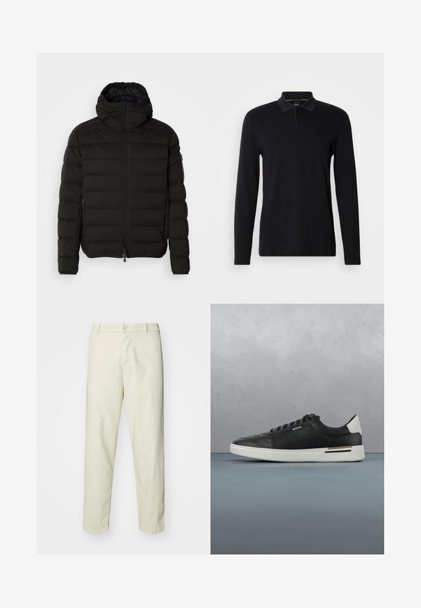 Schwarze Pufferjacke mit hohem Kragen, Reißverschluss und Seitentaschen. Verfügt über ein gestepptes Muster und eine glatte, matte Oberfläche.; Schwarzes Langarm-Polohemd aus glattem Stoff. Verfügt über einen Kragen, eine Dreiknopfleiste und ein dezentes Logo auf der Brust.; Hellbeige Baumwollhosen mit geradem Bein, ausgestattet mit einem vorderen Knopfverschluss und normalen Taschen, glatter Textur und ohne Muster.; Schwarze Ledersneaker mit weißer Sohle, ausgestattet mit Perforationen, Schnürdesign, Logo an der Seite und kontrastierenden Fersendetails in Weiß und Braun.