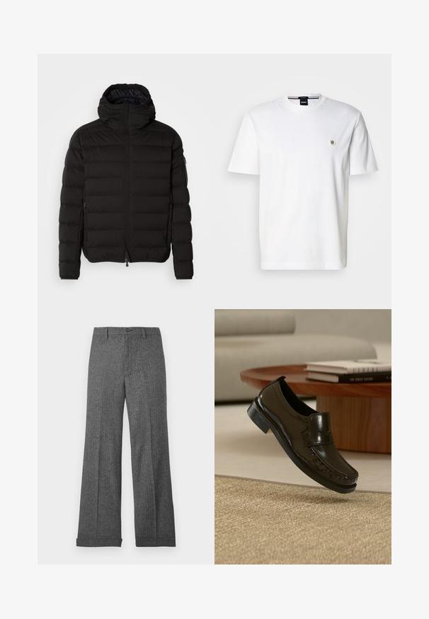 Chaqueta acolchada negra con un cuello alto, cierre de cremallera y bolsillos laterales. Presenta un patrón acolchado y una textura suave y mate.; Camiseta blanca de algodón con cuello redondo, mangas cortas y un pequeño logo en el pecho izquierdo. Textura suave, corte clásico.; Pantalones de pierna ancha, de color gris, confeccionados con una tela texturizada con un patrón sutil, que incluyen cierre frontal de botones y puños dobladillados.; Zapato mocasín negro de cuero sin cordones levitando sobre una alfombra beige tejida con una mesa de café de madera y libros al fondo.
