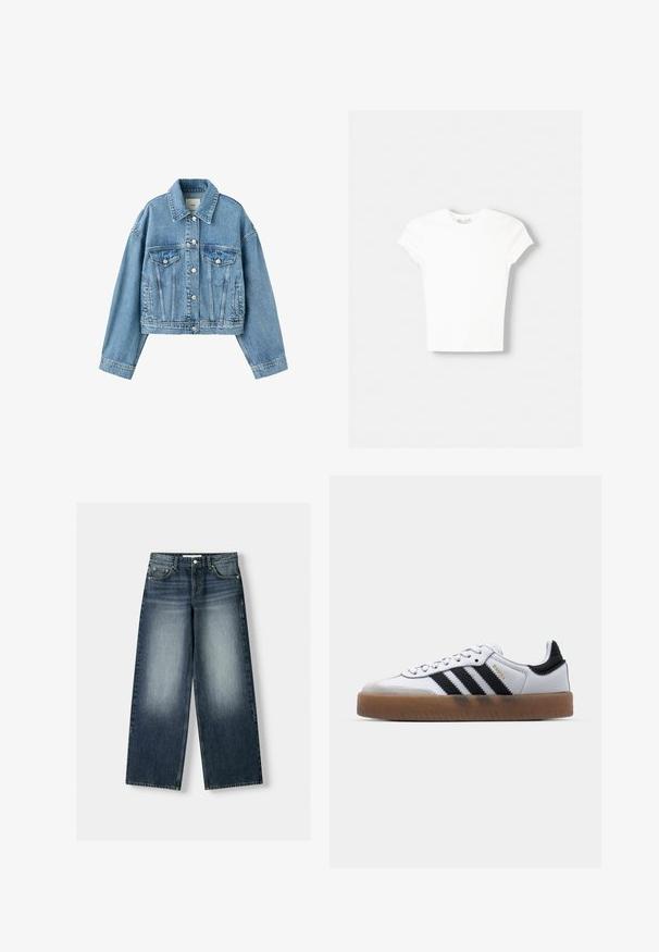 Veste en jean bleu clair, courte, à manches longues, avec boutons sur le devant, deux poches poitrine à rabat, et un col classique.; T-shirt blanc à manches courtes en coton doux, avec un col rond et une coupe ajustée. Pas de motifs ni d'ornements visibles.; Jean en denim taille ample de couleur bleu foncé, avec un effet de décoloration. Design à cinq poches avec une fermeture à bouton et passants de ceinture.; Baskets en cuir blanc avec des rayures noires, semelle extérieure en caoutchouc beige, bout rond, fermeture lacée et embout en suède gris doux.