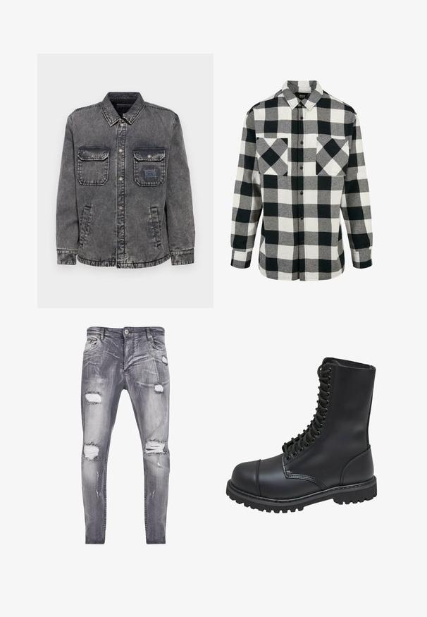 Hämar hall denim jakk, millel on nupuklappi, kaks rinna taskut ja küljetaskud. Vasakul taskul on kontrastne sildipatch.; Mustvalge flanellist särk, millel on suur ruuduline muster, pikad varrukad, nööbiga esiosa ja kaks rinna taskut. Valmistatud pehmest kangast.; Hämarad hallid teksad, millel on slim fit, kiiretustatud rebenemised ja kerge hõõrdumine kangal, metallne nööp sulgemiseks ning traditsioonilised eestaskud.; Mustmust musta sõjaväe king, millel on kõrge varreosa, nöörimise esiosa, pehmendatud krae ja robustne tekstuuriga tall, et tagada haardumine. Omab tugevdatud varvaste osa.