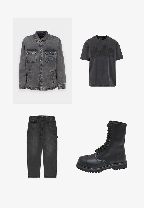 Denimjacke in verblasstem Grau mit durchgehender Knopfleiste, zwei Brusttaschen und Seitentaschen. Mit einem kontrastierenden Etikett-Patch auf der linken Tasche.; Schwarzes Baumwoll-T-Shirt mit Rundhalsausschnitt und kurzen Ärmeln, mit einem verwaschenen Skyline-Grafik in Dunkelgrau auf der Brust.; Schwarze Cargo-Jeans mit weitem Schnitt, seitlichen Taschen, minimalem Ausbleichen und einfacher Knopfverschluss am Bund.; Schwarze Lederkampfstiefel mit hohem Schaft, Schnürung an der Vorderseite, gepolstertem Kragen und rutschfester, strukturierter Sohle für guten Halt. Mit verstärkter Zehenkappe.