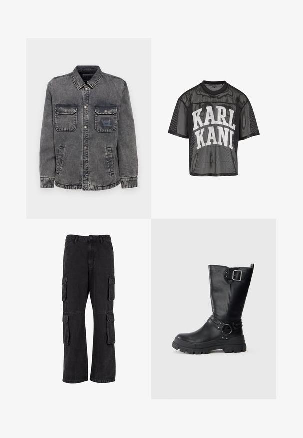 Denimjacke in verblasstem Grau mit durchgehender Knopfleiste, zwei Brusttaschen und Seitentaschen. Mit einem kontrastierenden Etikett-Patch auf der linken Tasche.; Schwarzes, kurzärmeliges Mesh-T-Shirt mit großem weißen "KARL KANI" Schriftzug auf der Brust.; Schwarze Cargo-Hosen aus Denim, mit lockerer Passform, mehreren Seitentaschen und genähten Details. Die Textur ist leicht verblasst.; Schwarze Lederkniehohe Stiefel mit einer klobigen Gummisohle, ausgestattet mit einer seitlichen Schnalle, einem Riemendetail und einer strukturierten Oberfläche.
