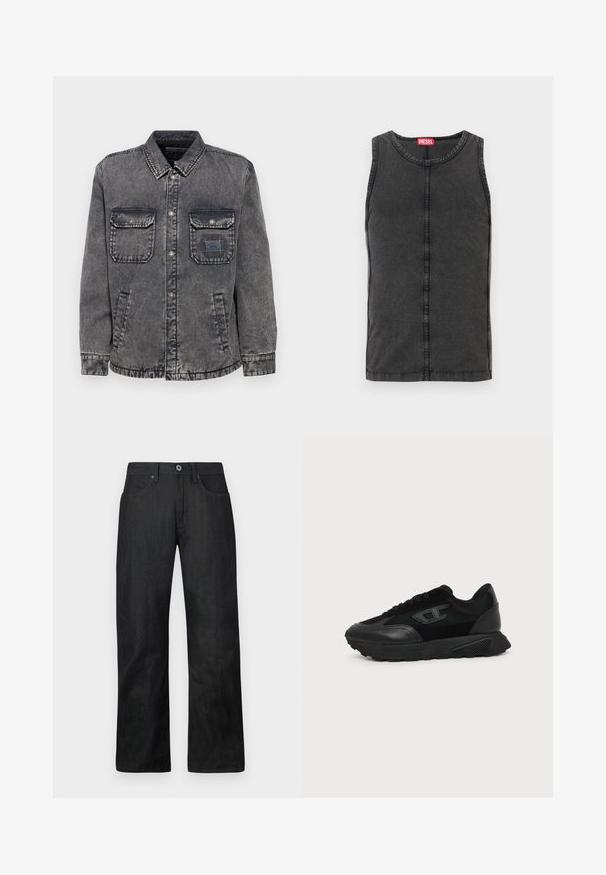Hämar hall denim jakk, millel on nupuklappi, kaks rinna taskut ja küljetaskud. Vasakul taskul on kontrastne sildipatch.; Ilma varrukat must denimist kampsik, ümara kaelusega, nähtavate õmbluste detailidega ja punase brändimärgiga krael.; Mustad denim püksid, sirge jala disainiga, viie taskuga ja nupuga sulgemisega. Sile tekstuur koos peente õmblemise detailidega.; Must madal jalanõu tekstuurse tallaga, võrgust ja nahast pealmise osaga, ees nöörimine ning külgpaneelil väike reljeefne logo.