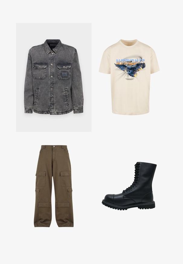 Denimjacke in verblasstem Grau mit durchgehender Knopfleiste, zwei Brusttaschen und Seitentaschen. Mit einem kontrastierenden Etikett-Patch auf der linken Tasche.; Cremefarbenes Baumwoll-T-Shirt mit einer Grafik eines blauen Adlers mit Flammen, dem Schriftzug "MJGONZALES" und einem dekorativen Design auf der Vorderseite.; Cargo-Hosen aus olivgrüner Baumwolle, ausgestattet mit mehreren Seitentaschen, einem Knopfverschluss und einem entspannten Schnitt.; Schwarze Leder Schnürstiefel mit runder Zehenkappe, hohem Schaft, dicker Gummisohle und texturierter Oberfläche. Enthält verstärkte Nähte entlang der Nähte.