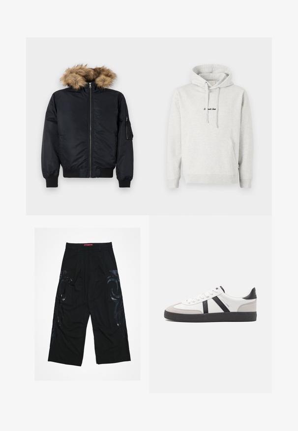 Chaqueta bomber negra con capucha de pelo sintético, cierre de cremallera al frente, puños acanalados y bolsillos laterales. Exterior suave con un brillo sutil.; Sudadera gris claro con un bolsillo tipo canguro, capucha con cordón y texto bordado en negro en la parte delantera. Tejido de mezcla de algodón, puños acanalados.; Pantalones negros de pierna ancha con un frente plisado, que presentan patrones tribales negros brillantes en los costados y una cintura roja con marca.; Zapatilla blanca con acentos en negro y gris, que presenta una puntera texturizada en gris, suela de goma negra y cordones planos blancos. Diseño limpio, estilo minimalista.