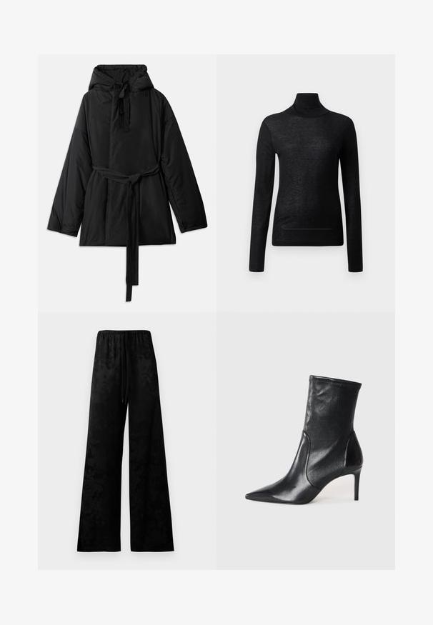 Chaqueta negra acolchada con capucha, cinturón ajustable, mangas largas y una textura suave. Diseño liso, sin patrones ni herrajes visibles.; Top negro de manga larga y cuello alto, fabricado en tejido ligero, con un diseño ajustado y detalles de costura mínimos, ideal para superponer.; Pantalones negros de pierna ancha hechos de tejido suave, con cintura elástica, detalle de cordón y un sutil patrón floral.; Botas negras hasta el tobillo hechas de cuero suave, con punta afilada, caña ajustada y tacón alto delgado. Diseño minimalista sin herrajes visibles.