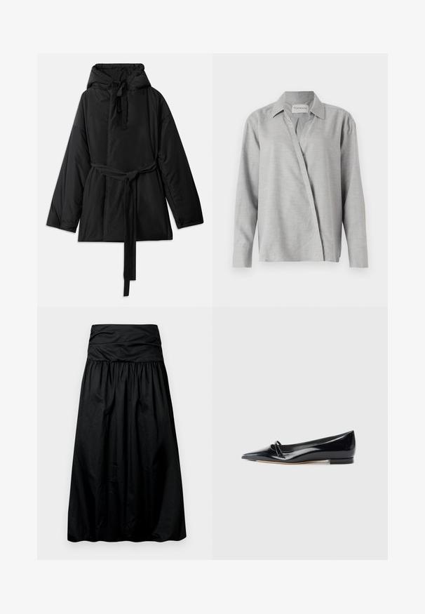 Zwarte gewatteerde jas met een capuchon, verstelbare strikriem, lange mouwen en een gladde textuur. Eenvoudig ontwerp, geen zichtbare patronen of hardware.; CLOSED ASYMMETRIC SHIRT - Overhemdblouse - light grey; Zwarte, mid-lange rok met een geplooid ontwerp, gemaakt van een glad materiaal. Voorzien van een brede, gerimpelde tailleband aan de bovenkant.; Zwarte gepatenteerde leren platte schoen met een puntige neus, een kleine decoratieve band en een lage blokhak. Gladde textuur en strak ontwerp.