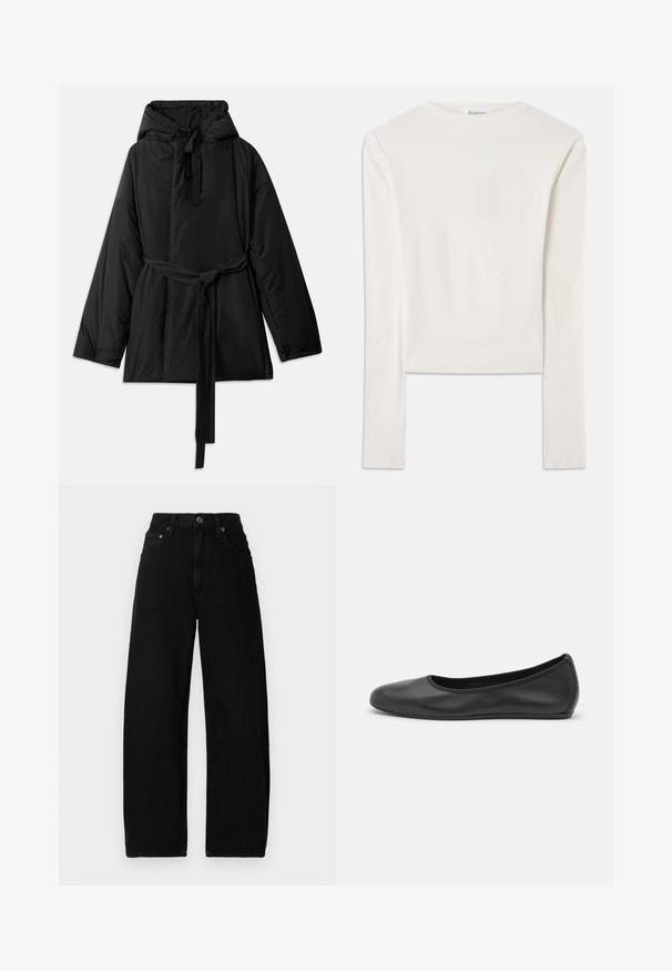 Veste noire rembourrée avec capuche, ceinture à nouer réglable, manches longues et texture lisse. Design uni, sans motifs visibles ni matériel.; Haut à manches longues blanc en coton, dotée d'un col ras du cou simple et d'une coupe ajustée. Le tissu est lisse avec une légère élasticité.; Jean large en denim noir avec une taille haute, dotée d'une fermeture à bouton à l'avant, de poches et d'une texture lisse et mate.; Ballerines en cuir noir avec un bout rond, texture lisse, détails de couture minimalistes et design de semelle flexible.