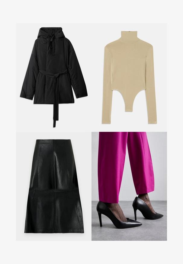 Sort polstret jakke med hætte, justerbart bindebælte, lange ærmer og en glat tekstur. Enkelt design, uden synlige mønstre eller hardware.; Beige langærmet turtleneck top i glat stof, med en udskåret bund, der har en tætsiddende facon og minimalisk design.; Sort knælængde lædernederdel med syede lodrette og vandrette panel syninger, let udvidet for neden.; Sorte højhælede sko med spids tå-design og glat læderstruktur. Kombineret med lyserøde, skræddersyede bukser.