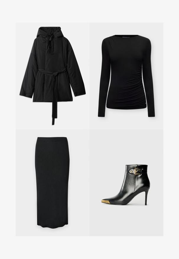 Veste noire rembourrée avec capuche, ceinture à nouer réglable, manches longues et texture lisse. Design uni, sans motifs visibles ni matériel.; Haut noir ajusté à manches longues avec un col rond et un détail froncé sur le côté droit, présenté sur un fond clair uni.; Jupe crayon midi en maille côtelée noire avec taille élastique et ourlet légèrement festonné.; Bottine noire en cuir brillant, avec un bout pointu, un talon aiguille, et des accessoires dorés ornés d'une boucle décorative.
