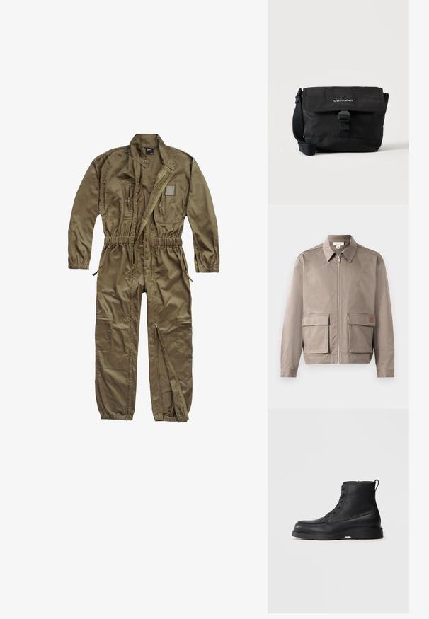 Lys beige jakke med lynlås foran, spids krave og to forsætslommer. Materialet har en glat, let struktureret overflade.; Oliven grøn utility jumpsuit lavet af slidstærkt stof, med lynlåslukning foran, elastisk talje og flere lommer på overkroppen og benene.; Sorte struktureret læder ankelstøvle med snørebånd, tykk sål og løkke bagpå, set fra siden.; Sort Calvin Klein skuldertaske med frontklap, spænde lukning og justerbar rem på hvid baggrund.