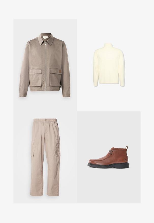 Hellbeige Jacke mit Reißverschluss vorne, spitzem Kragen und zwei vorderen Klappentaschen. Das Material hat eine glatte, leicht strukturierte Oberfläche.; Cremefarbener Rollkragenpullover mit langen Ärmeln, gerippten Bündchen und einem dezenten Logo auf der Brust, abgebildet auf einem schlichten weißen Hintergrund.; Beige Cargo-Hosen mit einem lockeren Schnitt, elastischem Bund, Knopfverschluss und Seitentaschen. Gefertigt aus leichtem Stoff mit einer glatten Textur.; Braune Lederstiefeletten mit runder Zehenpartie, Schnürdetails und einer schwarzen Gummisohle. Auffälliges Logo an der Ferse und kontrastierende Nähte.
