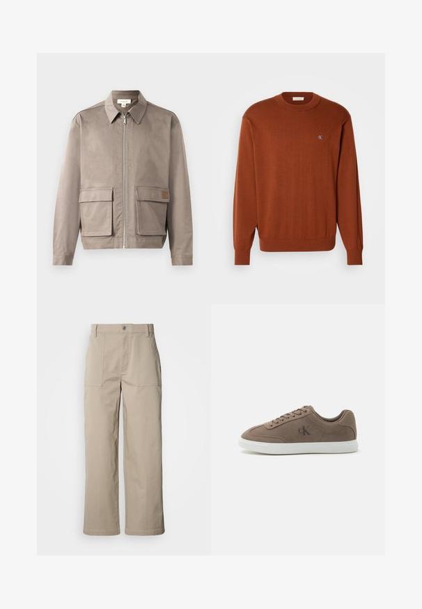 Lys beige jakke med lynlås foran, spids krave og to forsætslommer. Materialet har en glat, let struktureret overflade.; Rustfarvet crewneck sweater i fint strik, med ribbede manchetter og kant, og med et lille blåt logo på brystet. Blød tekstur.; Beige bukser med vide ben lavet af bomuld; har forlommer, knaplukning og synlig syning langs kanterne.; Taupe ruskind lavtop sneaker med beige snørebånd, hvid gummisål og subtil "cK" logo på siden.