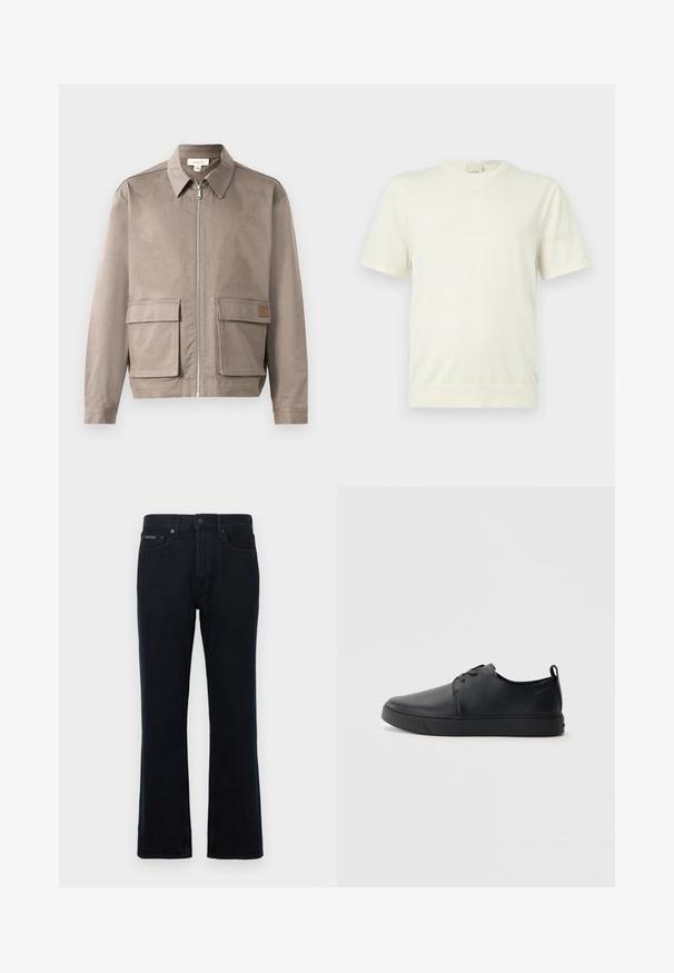 Licht beige jack met een ritssluiting aan de voorkant, spitse kraag en twee voorste zakken met klep. Het materiaal heeft een gladde, licht gestructureerde afwerking.; Effen wit T-shirt met korte mouwen en ronde hals, voorzien van geribbelde zoom en manchetten, getoond op een neutrale lichtgrijze achtergrond.; Zwarte denim jeans met een recht model, knoopsluiting en twee steekzakken aan de voorkant. De stof heeft een gladde textuur met minimale details.; Zwarte leren sneaker met een gladde afwerking, ronde neus, tonale stiknaden, vetersluiting aan de voorkant en een vlakke rubberen zool. Lussje aan de hak.