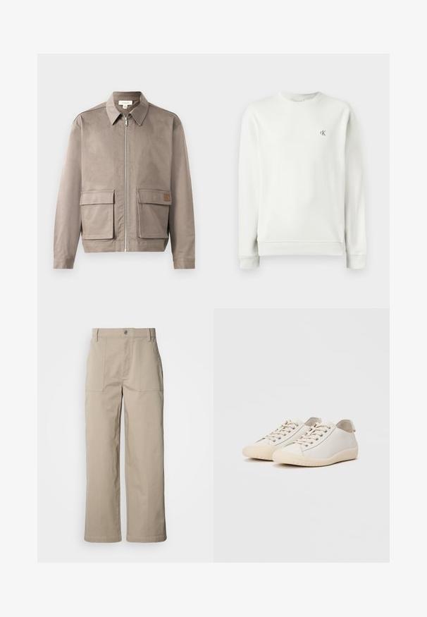 Hellbeige Jacke mit Reißverschluss vorne, spitzem Kragen und zwei vorderen Klappentaschen. Das Material hat eine glatte, leicht strukturierte Oberfläche.; Hellgraues Crewneck-Sweatshirt aus glattem Stoff, mit gerippten Bündchen und Saum, sowie einem kleinen gestickten Logo auf der Brust.; Beige Hosen mit weitem Bein aus Baumwolle; mit vorderen aufgesetzten Taschen, einem Knopfverschluss und sichtbaren Nähten entlang der Säume.; Weiße Sneaker aus glattem Leder mit tonalem Nähten, Schnürverschluss, runder Zehenpartie und einer strukturierten Gummisohle.