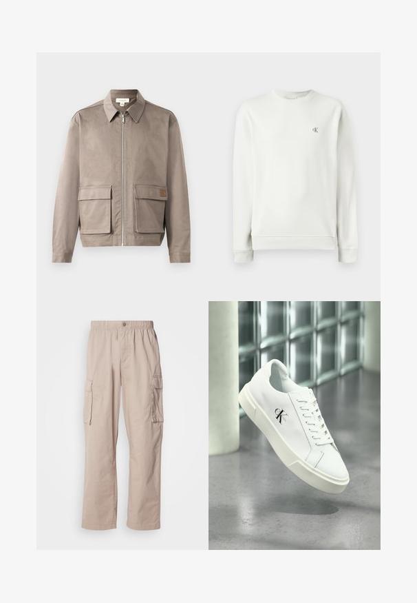 Hellbeige Jacke mit Reißverschluss vorne, spitzem Kragen und zwei vorderen Klappentaschen. Das Material hat eine glatte, leicht strukturierte Oberfläche.; Hellgraues Crewneck-Sweatshirt aus glattem Stoff, mit gerippten Bündchen und Saum, sowie einem kleinen gestickten Logo auf der Brust.; Beige Cargo-Hosen mit einem lockeren Schnitt, elastischem Bund, Knopfverschluss und Seitentaschen. Gefertigt aus leichtem Stoff mit einer glatten Textur.; Weißer Calvin Klein Sneaker mit Schnürsenkeln, schwebend über einem polierten Betonboden und einer Glasbausteinwand im Hintergrund dargestellt.