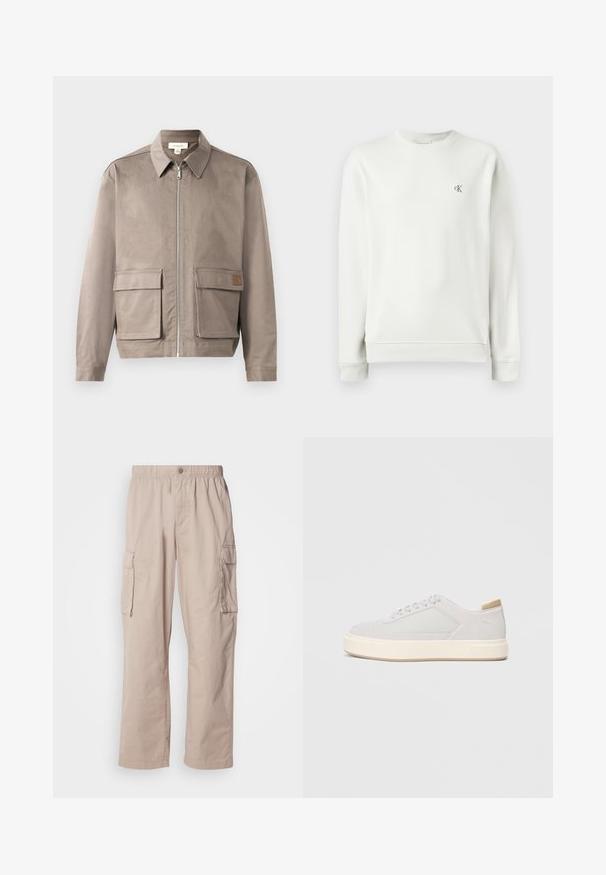 Lys beige jakke med lynlås foran, spids krave og to forsætslommer. Materialet har en glat, let struktureret overflade.; Lys grå crew neck sweatshirt lavet af glat stof, med ribbekanter ved ærmerne og nederdelen, samt et lille broderet logo på brystet.; Beige cargo bukser med en afslappet pasform, elastisk talje, knaplukning og sidelommer. Fremstillet af letvægtsmateriale med en glat tekstur.; Lys grå sneakers med en glat syntetisk overdel, rund tå og en struktureret crème mellemsål. Lysebrune accenter på hælen.
