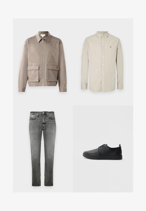 Hellbeige Jacke mit Reißverschluss vorne, spitzem Kragen und zwei vorderen Klappentaschen. Das Material hat eine glatte, leicht strukturierte Oberfläche.; Hellbeiges Hemd zum Knöpfen mit langen Ärmeln, einem Kragen und einem auf der Brust gestickten CK-Logo. Glatter Stoff mit klassischem Design.; Graue gerade geschnittene Jeans aus Denim mit Vordertaschen, Gürtelschlaufen, Knopfverschluss und dezenten Ausbleichungen.; Schwarze Leder-Sneaker mit glatter Oberfläche, abgerundeter Zehenpartie, gleichfarbiger Nähte, schnürbarem Vorderteil und flacher Gummisohle. Schlaufe an der Ferse.