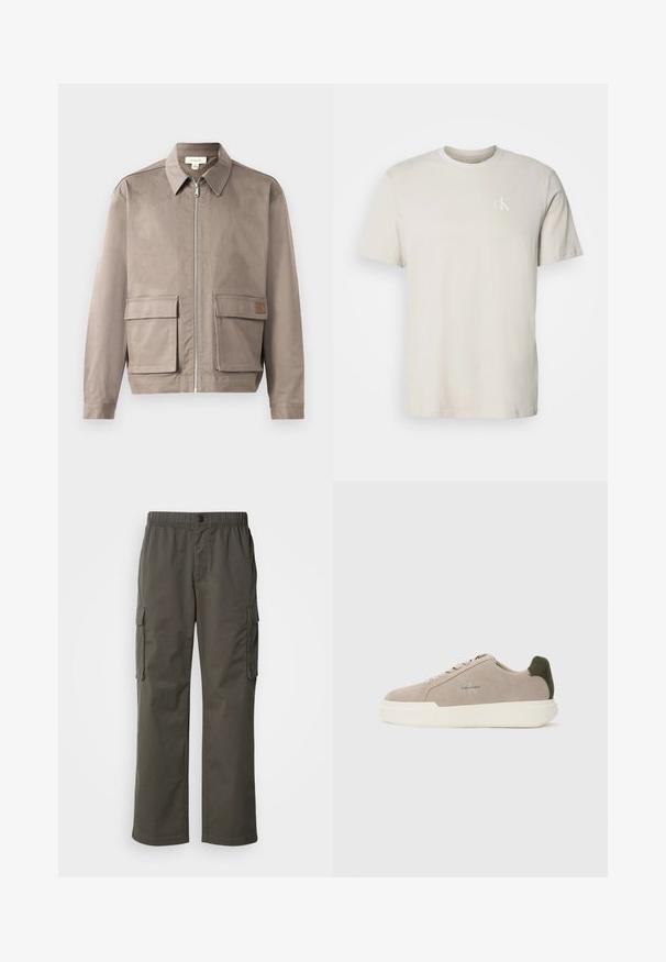 Hellbeige Jacke mit Reißverschluss vorne, spitzem Kragen und zwei vorderen Klappentaschen. Das Material hat eine glatte, leicht strukturierte Oberfläche.; Beige kurzärmeliges Baumwoll-T-Shirt mit rundem Ausschnitt und kleinem weißem "cK"-Logo auf der linken Brust.; Cargo-Hosen in dunkelgrau mit elastischem Bund, zwei Seitentaschen und entspannter Passform. Hergestellt aus strapazierfähigem Stoff mit glatter Textur.; Beige Wildledersneaker mit einer weißen Gummisohle, die einen dunkelgrünen Akzent an der Ferse und dezente Markenaufschrift an der Seite aufweisen.