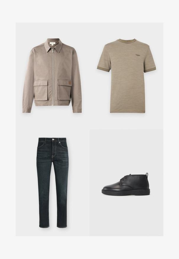 Hellbeige Jacke mit Reißverschluss vorne, spitzem Kragen und zwei vorderen Klappentaschen. Das Material hat eine glatte, leicht strukturierte Oberfläche.; Beige T-Shirt mit kurzen Ärmeln aus strukturiertem Stoff. Gerippter Kragen und Ärmelabschlüsse in dunklerem Farbton. Kleines Logodetail auf der Brust.; Dunkelblaue Slim-Fit-Jeans mit Taschen vorne und hinten, Gürtelschlaufen sowie Knopf- und Reißverschluss.; Schwarze Leder-Stiefeletten mit glatter Textur, abgerundeter Spitze und schwarzer Gummisohle. Verfügt über ein Schnürdesign und eine Fersenschlaufe für ein einfaches Anziehen.