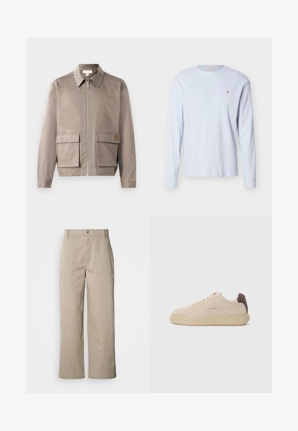 Hellbeige Jacke mit Reißverschluss vorne, spitzem Kragen und zwei vorderen Klappentaschen. Das Material hat eine glatte, leicht strukturierte Oberfläche.; Hellblaues Langarmshirt aus Waffelstrick mit Rundhalsausschnitt, gerippten Bündchen und kleinem roten und weißen "CK"-Logoaufnäher auf der linken Brust.; Beige Hosen mit weitem Bein aus Baumwolle; mit vorderen aufgesetzten Taschen, einem Knopfverschluss und sichtbaren Nähten entlang der Säume.; Beige Wildleder-Sneaker mit runder Spitze, Schnürung vorne und einem braunen Wildlederakzent an der Ferse. Verfügt über eine strukturierte Gummisohle.