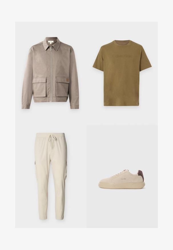Licht beige jack met een ritssluiting aan de voorkant, spitse kraag en twee voorste zakken met klep. Het materiaal heeft een gladde, licht gestructureerde afwerking.; Olijfgroene katoenen T-shirt met korte mouwen, met een reliëf "Calvin Klein"-logo over de borst, een ronde halslijn en een losse pasvorm.; Beige cargobroek met een elastische tailleband, trekkoordsluiting, zijzakken en taps toelopende pijpen, gemaakt van lichtgewicht, gladde stof.; Beige suède sneakers met een ronde neus, vetersluiting aan de voorkant en een bruine suède accent op de hiel. Beschikt over een gestructureerde rubberen zool.