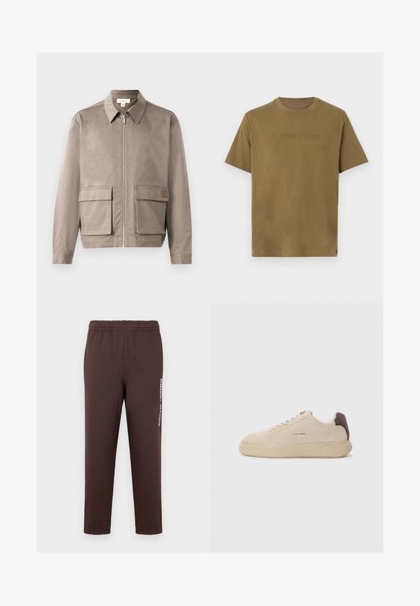 Hellbeige Jacke mit Reißverschluss vorne, spitzem Kragen und zwei vorderen Klappentaschen. Das Material hat eine glatte, leicht strukturierte Oberfläche.; Olivgrünes Kurzarm-T-Shirt aus Baumwolle mit erhabenem "Calvin Klein"-Logo auf der Brust, Rundhalsausschnitt und lockerem Schnitt.; Braune Jogginghose aus weichem Stoff mit elastischem Bund und weißem Logo auf dem linken Bein. Eng anliegende Bündchen an den Knöcheln.; Beige Wildleder-Sneaker mit runder Spitze, Schnürung vorne und einem braunen Wildlederakzent an der Ferse. Verfügt über eine strukturierte Gummisohle.