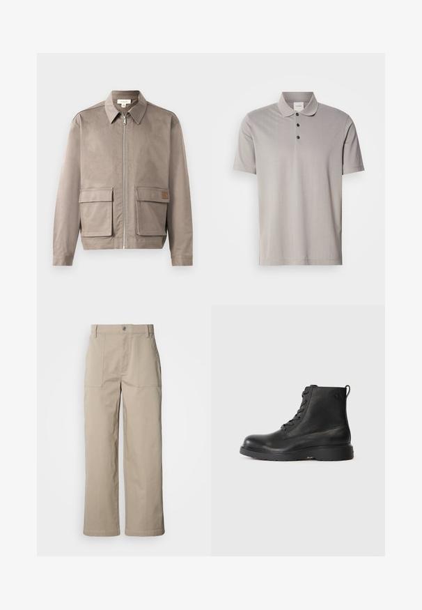 Licht beige jack met een ritssluiting aan de voorkant, spitse kraag en twee voorste zakken met klep. Het materiaal heeft een gladde, licht gestructureerde afwerking.; Grijze polo met korte mouwen gemaakt van een gladde stof, met een klassieke kraag en drie zwarte knopen. Subtiele verticale ribbelstructuur door het geheel.; Beige wijde broek van katoen; voorzien van voorzakken met klep, een knoopsluiting en zichtbare stiknaden langs de zoom.; Zwarte enkellaars van textuurleer met een ronde neus, vetersluiting en een stevige zwarte rubbere zool. Heeft een lus aan de hiel.