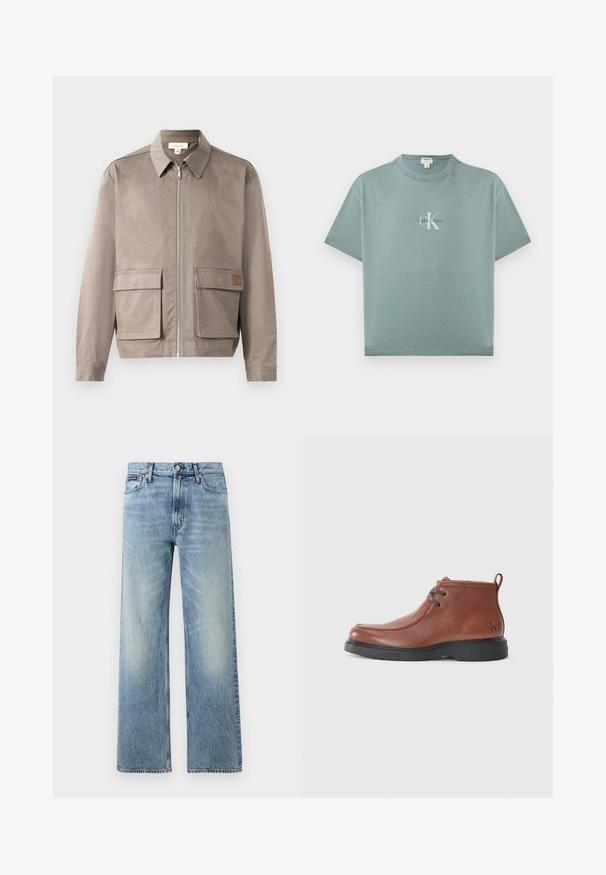 Lys beige jakke med lynlås foran, spids krave og to forsætslommer. Materialet har en glat, let struktureret overflade.; Lyseblågrøn kortærmet T-shirt med rund hals og centreret Calvin Klein-logo i hvid og sort tekst på forsiden.; Lyseblå denim jeans med lige ben, højt talje, fem lommer, knaplukning og diskrete falmede områder på lår og knæ.; Brune læder ankelstøvler med en rund tå, snøredetaljer og en sort gummisål. Bemærkelsesværdigt logo på hælen og syningens accenter.