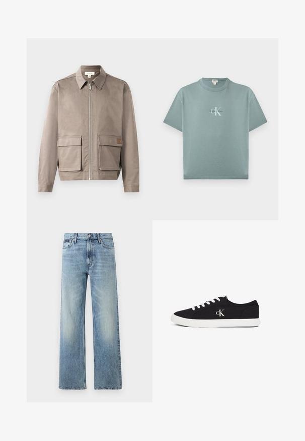 Licht beige jack met een ritssluiting aan de voorkant, spitse kraag en twee voorste zakken met klep. Het materiaal heeft een gladde, licht gestructureerde afwerking.; Licht turquoise T-shirt met korte mouwen en ronde hals, met een centraal geplaatst Calvin Klein-logo in witte en zwarte letters op de voorkant.; Lichtblauwe denim jeans met rechte pijpen, een hoge taille, vijf zakken, knoopsluiting en subtiele vervaging op de dijen en knieën.; Zwarte lage sneaker met witte veters en zool, met "cK" logo aan de zijkant, weergegeven op een witte achtergrond.