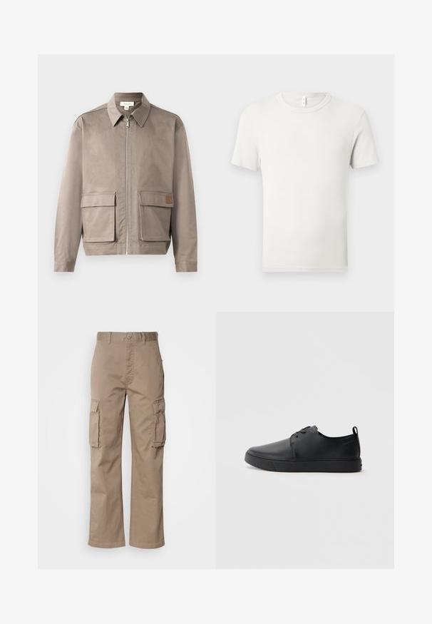Hellbeige Jacke mit Reißverschluss vorne, spitzem Kragen und zwei vorderen Klappentaschen. Das Material hat eine glatte, leicht strukturierte Oberfläche.; Einfaches weißes T-Shirt mit kurzen Ärmeln und Rundhalsausschnitt, flach auf einem hellgrauen Hintergrund ausgebreitet, mit einem kleinen Stoffetikett am Kragen.; Beige Cargo-Hosen aus Baumwolle mit einer lockeren Passform, zwei Seitentaschen und einem Knopfverschluss am Bund.; Schwarze Leder-Sneaker mit glatter Oberfläche, abgerundeter Zehenpartie, gleichfarbiger Nähte, schnürbarem Vorderteil und flacher Gummisohle. Schlaufe an der Ferse.