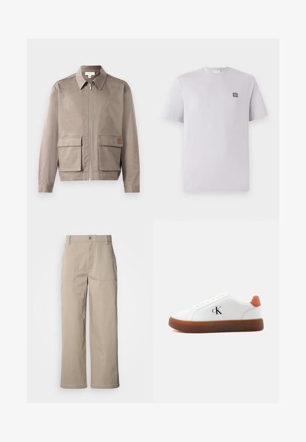 Licht beige jack met een ritssluiting aan de voorkant, spitse kraag en twee voorste zakken met klep. Het materiaal heeft een gladde, licht gestructureerde afwerking.; Licht lavendelkleurig t-shirt met korte mouwen, gemaakt van katoen, met een ronde hals en een klein donker logo op de linkerborst. Gladde textuur.; Beige wijde broek van katoen; voorzien van voorzakken met klep, een knoopsluiting en zichtbare stiknaden langs de zoom.; Witte lage sneaker met bruine zool, oranje hieltab, veters en "cK" logo aan de zijkant.