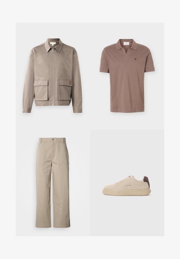 Lys beige jakke med lynlås foran, spids krave og to forsætslommer. Materialet har en glat, let struktureret overflade.; Brun kortærmet polo med åben krave og lille sort "ck" logo på venstre bryst mod en ensfarvet baggrund.; Beige bukser med vide ben lavet af bomuld; har forlommer, knaplukning og synlig syning langs kanterne.; Beige ruskind sneakers med rund tå, snørret foran og en brun ruskindsdetalje på hælen. Har en tekstureret gummisål.