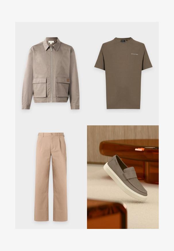 Hellbeige Jacke mit Reißverschluss vorne, spitzem Kragen und zwei vorderen Klappentaschen. Das Material hat eine glatte, leicht strukturierte Oberfläche.; Braunes Baumwoll-T-Shirt mit kurzen Ärmeln und Rundhalsausschnitt, mit weißem Logo auf der linken Brustseite.; Beige Gerade-Leg-Hosen mit Gürtelschlaufen, vorderem Knopf- und Reißverschluss und dezenten Falten unterhalb des Bundes.; Grauer Slip-On-Schuh aus Wildleder mit weißer Sohle, der über einem beigen Teppich schwebt, im Hintergrund durchscheinende orangefarbene Möbel.