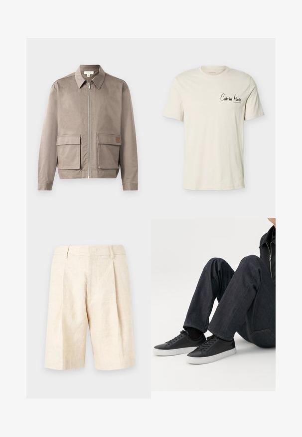Hellbeige Jacke mit Reißverschluss vorne, spitzem Kragen und zwei vorderen Klappentaschen. Das Material hat eine glatte, leicht strukturierte Oberfläche.; Off-white T-Shirt mit kurzen Ärmeln, Calvin Klein-Logo und dem Text "Established 1968" auf der linken Brust, Rundhalsausschnitt, schlichtes Design.; Beige Leinen-Shorts mit hoher Taille, vorderen Falten, Gürtelschlaufen und geradem, knielangem Schnitt.; Person sitzt mit angewinkelten Beinen, trägt dunkelblaue Jeans und schwarze Low-Top-Sneaker mit weißen Sohlen auf weißem Hintergrund.