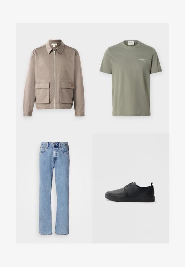 Lys beige jakke med lynlås foran, spids krave og to forsætslommer. Materialet har en glat, let struktureret overflade.; Lysegrøn kortærmet t-shirt med rund hals og lille hvid Calvin Klein-logo på venstre bryst.; Lyseblå denimjeans med lige ben design, fem lommer og knaplukning. Syninger nær lommer og talje.; Sorte lædersneakers med en glat finish, rund tå, tonalt syning, snøring foran og en flad gummisål. Løkke ved hælen.